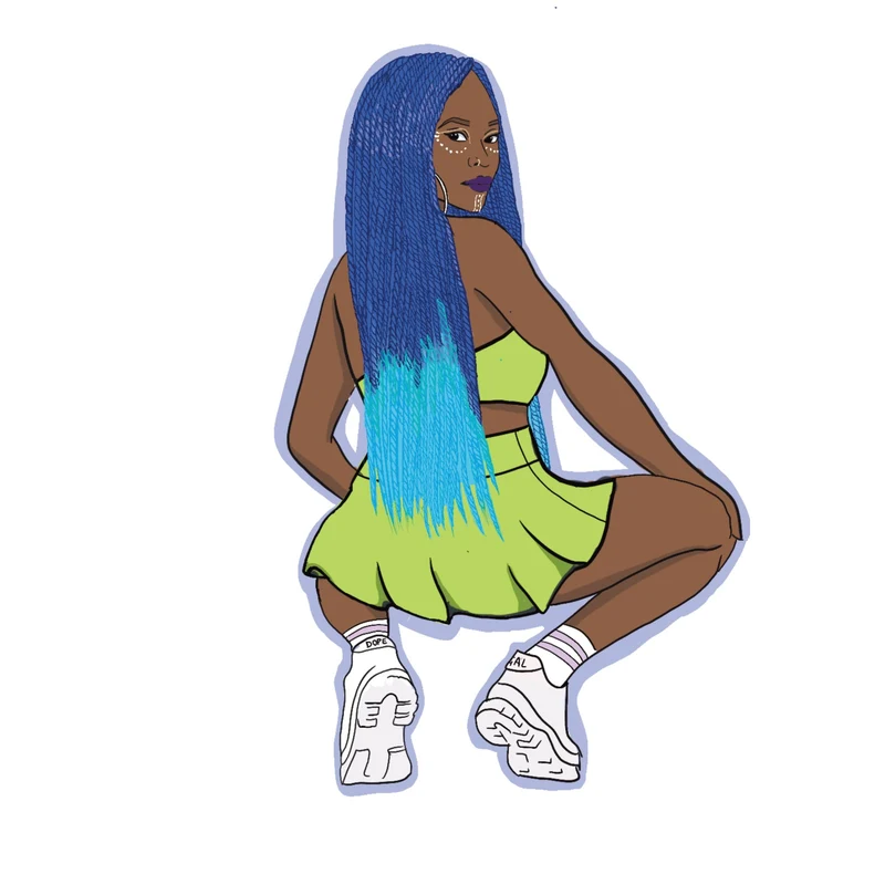Illustration of Catu Diosis with blue braids and a lime outfit.
